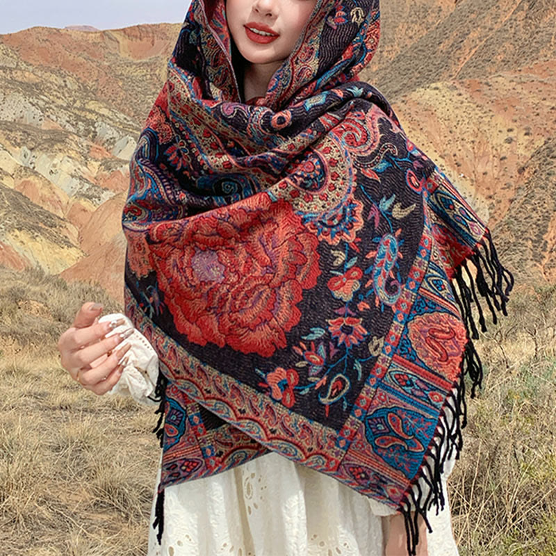 Tibetan Cashew Peony Flowers Vine Tassels Shawl Fall Winter Cozy Scarf Wrap