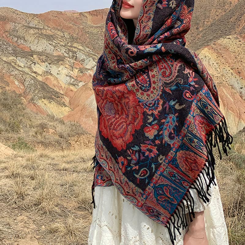 Tibetan Cashew Peony Flowers Vine Tassels Shawl Fall Winter Cozy Scarf Wrap
