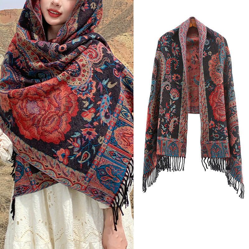 Tibetan Cashew Peony Flowers Vine Tassels Shawl Fall Winter Cozy Scarf Wrap