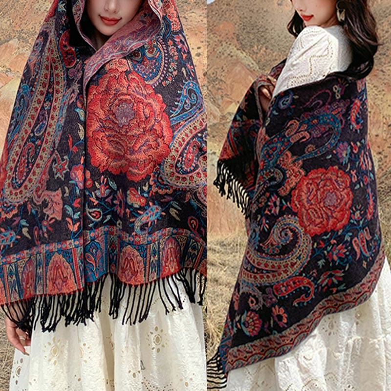 Tibetan Cashew Peony Flowers Vine Tassels Shawl Fall Winter Cozy Scarf Wrap
