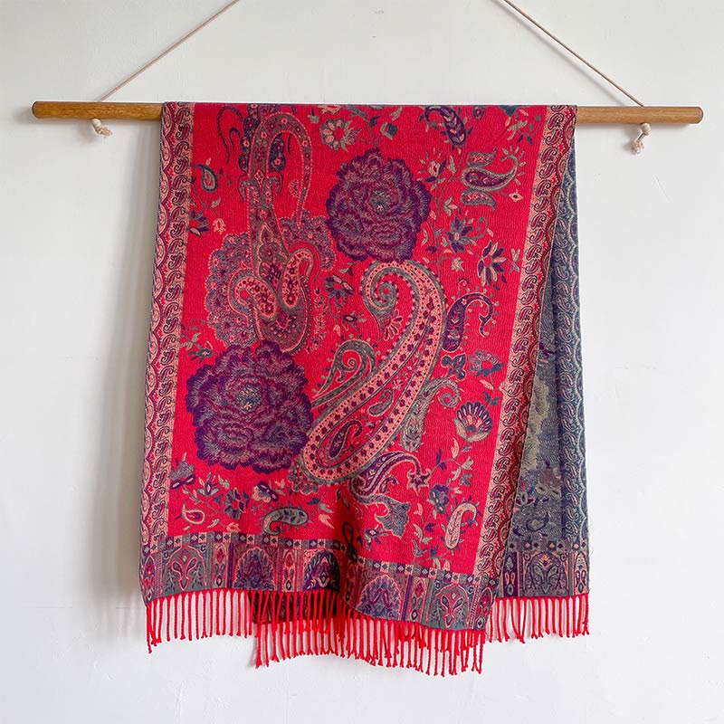 Tibetan Cashew Peony Flowers Vine Tassels Shawl Fall Winter Cozy Scarf Wrap