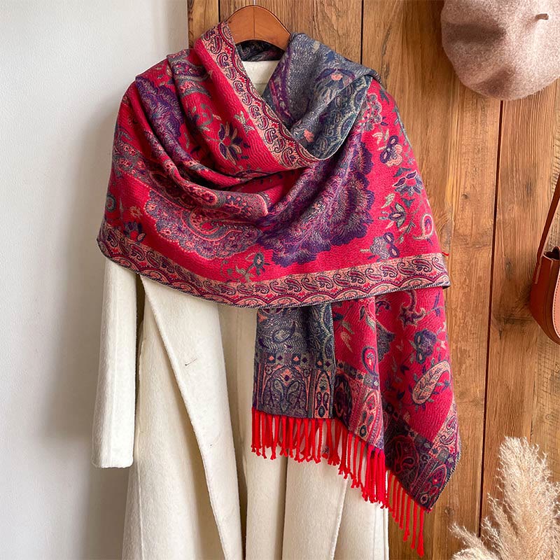 Tibetan Cashew Peony Flowers Vine Tassels Shawl Fall Winter Cozy Scarf Wrap