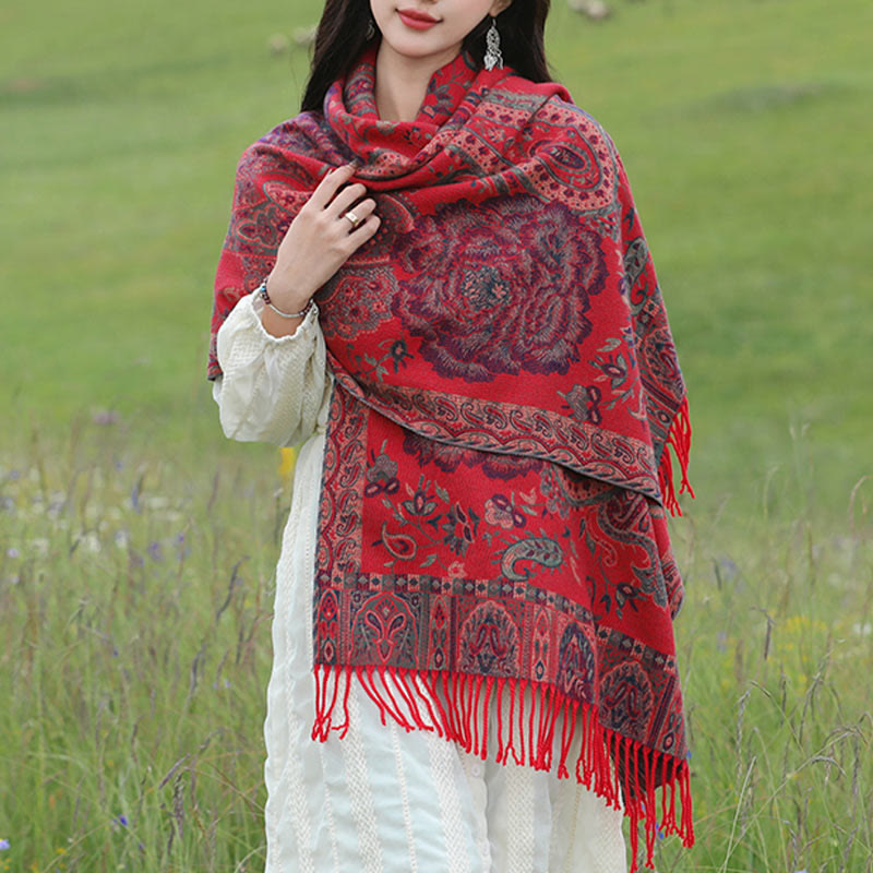 Tibetan Cashew Peony Flowers Vine Tassels Shawl Fall Winter Cozy Scarf Wrap