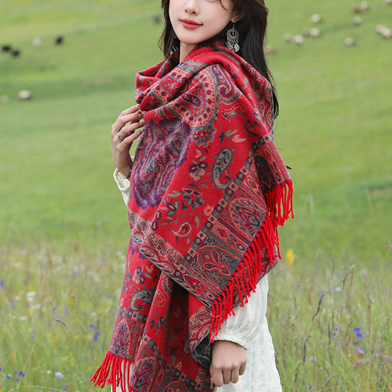 Tibetan Cashew Peony Flowers Vine Tassels Shawl Fall Winter Cozy Scarf Wrap