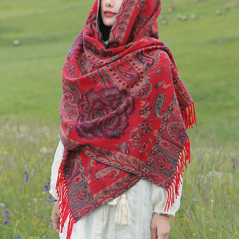 Tibetan Cashew Peony Flowers Vine Tassels Shawl Fall Winter Cozy Scarf Wrap