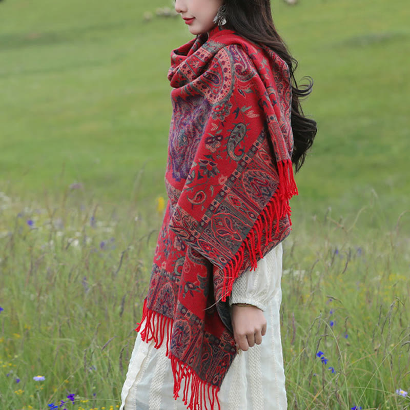 Tibetan Cashew Peony Flowers Vine Tassels Shawl Fall Winter Cozy Scarf Wrap