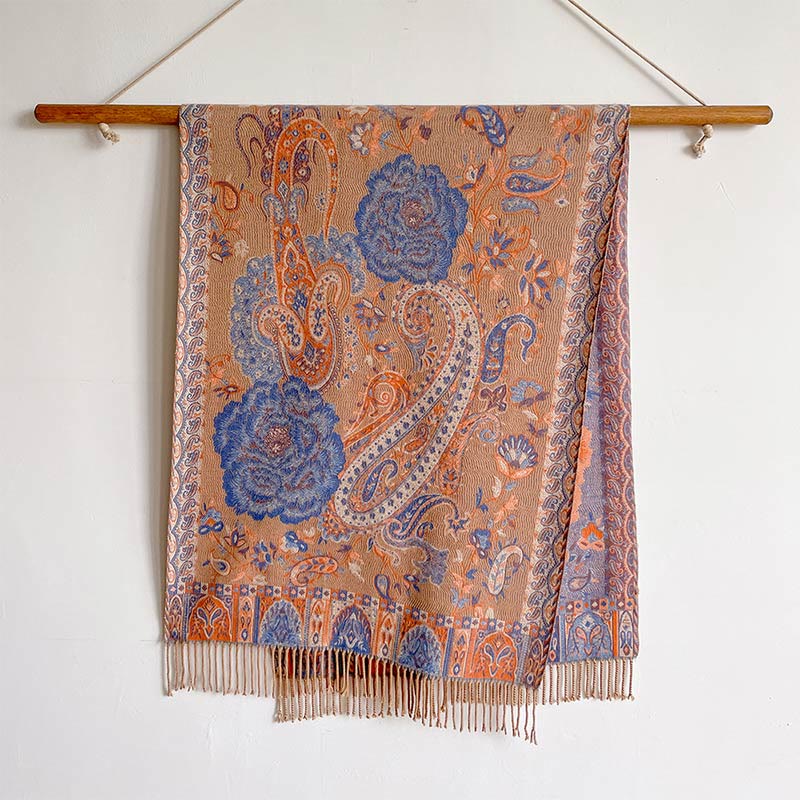 Tibetan Cashew Peony Flowers Vine Tassels Shawl Fall Winter Cozy Scarf Wrap