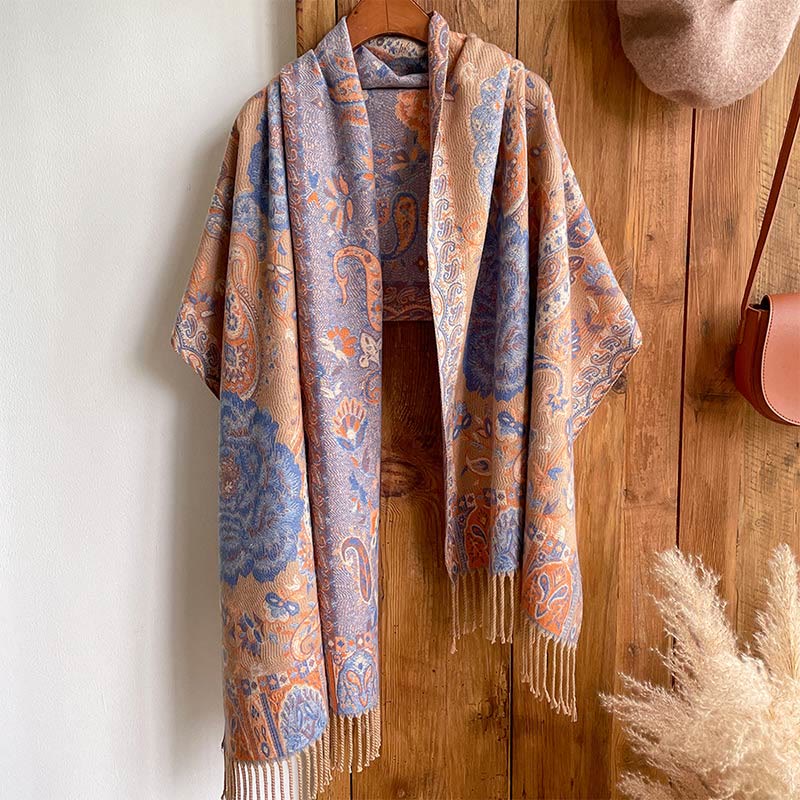 Tibetan Cashew Peony Flowers Vine Tassels Shawl Fall Winter Cozy Scarf Wrap