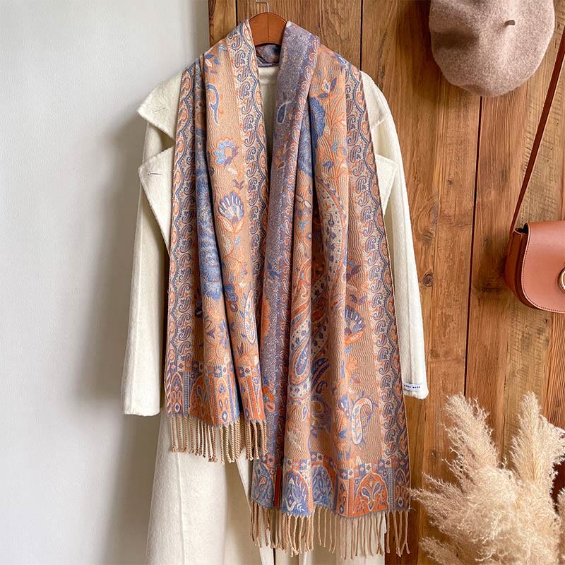 Tibetan Cashew Peony Flowers Vine Tassels Shawl Fall Winter Cozy Scarf Wrap