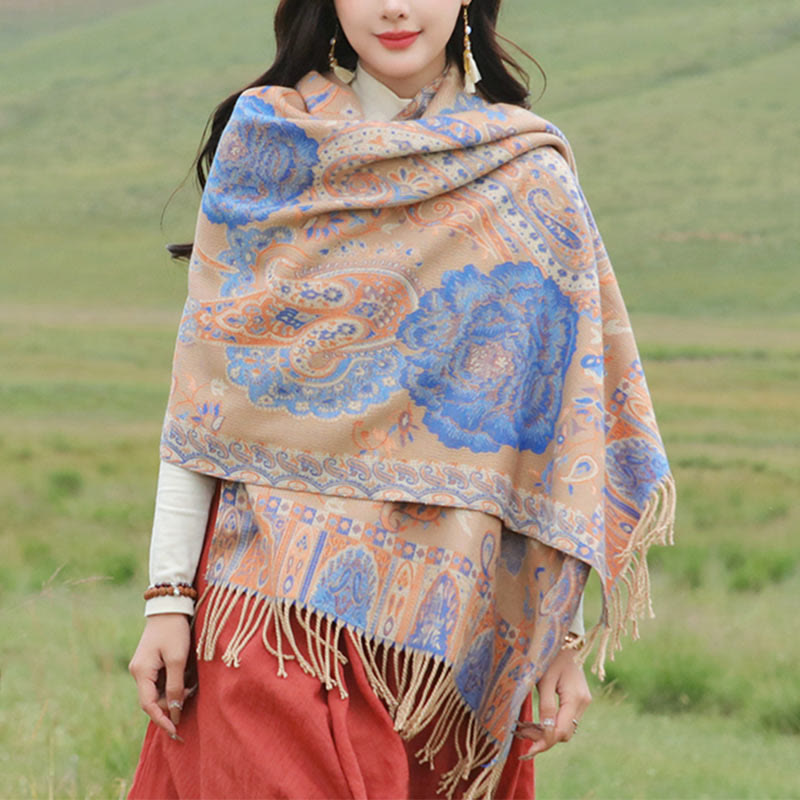 Tibetan Cashew Peony Flowers Vine Tassels Shawl Fall Winter Cozy Scarf Wrap