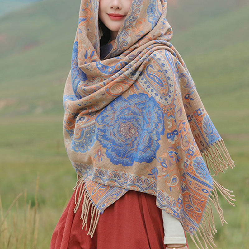 Tibetan Cashew Peony Flowers Vine Tassels Shawl Fall Winter Cozy Scarf Wrap