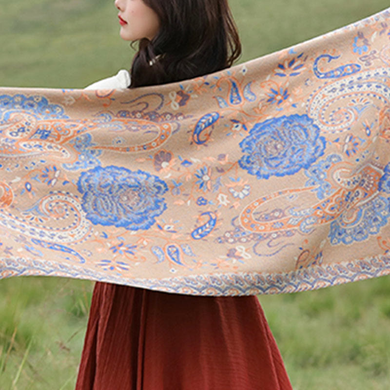 Tibetan Cashew Peony Flowers Vine Tassels Shawl Fall Winter Cozy Scarf Wrap