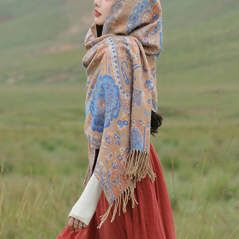 Tibetan Cashew Peony Flowers Vine Tassels Shawl Fall Winter Cozy Scarf Wrap