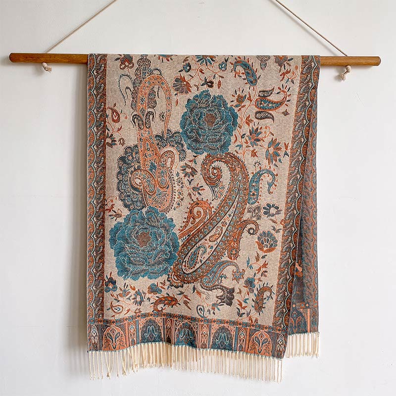 Tibetan Cashew Peony Flowers Vine Tassels Shawl Fall Winter Cozy Scarf Wrap