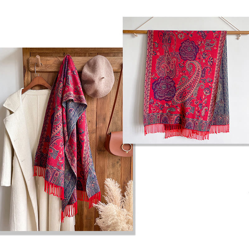 Tibetan Cashew Peony Flowers Vine Tassels Shawl Fall Winter Cozy Scarf Wrap