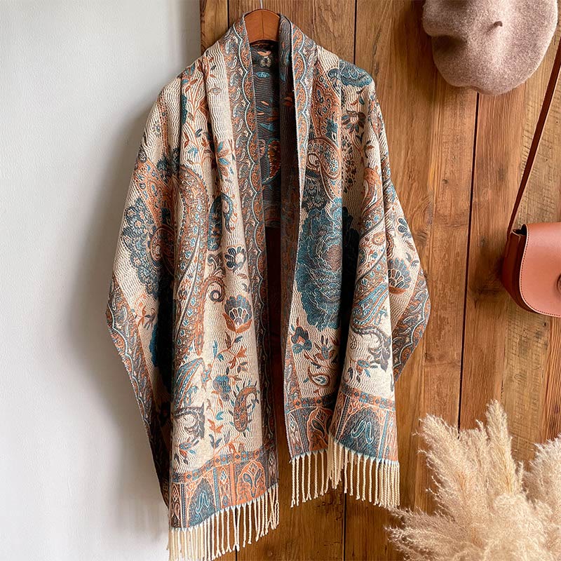 Tibetan Cashew Peony Flowers Vine Tassels Shawl Fall Winter Cozy Scarf Wrap
