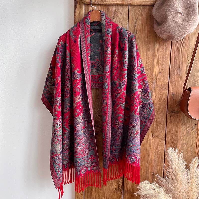 Soft Knit Vine Pattern Tasseled Meditation Shawl Wrap