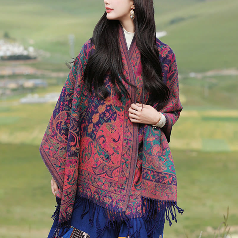 Soft Knit Vine Pattern Tasseled Meditation Shawl Wrap
