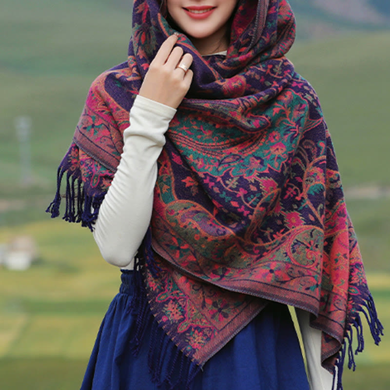 Soft Knit Vine Pattern Tasseled Meditation Shawl Wrap