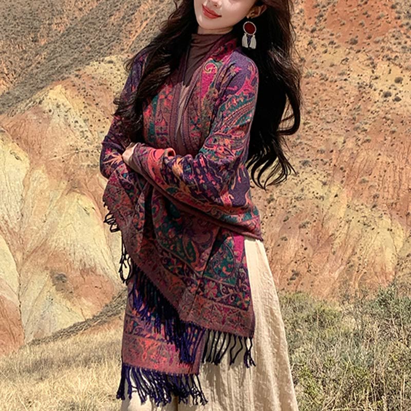 Soft Knit Vine Pattern Tasseled Meditation Shawl Wrap