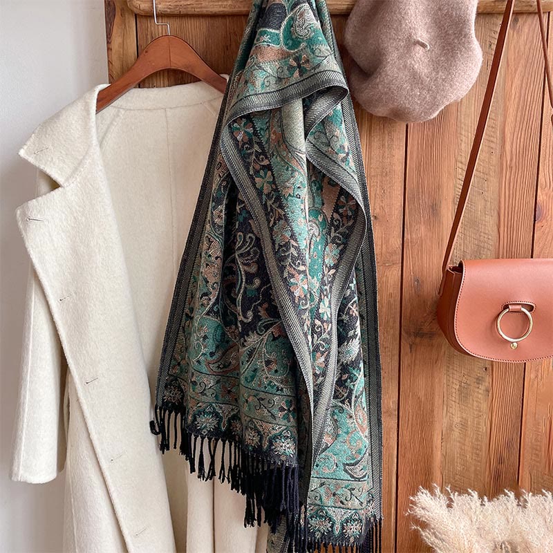 Soft Knit Vine Pattern Tasseled Meditation Shawl Wrap