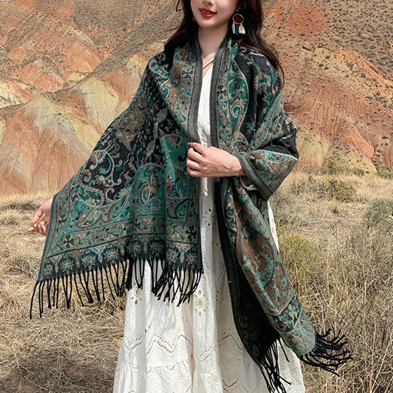 Soft Knit Vine Pattern Tasseled Meditation Shawl Wrap