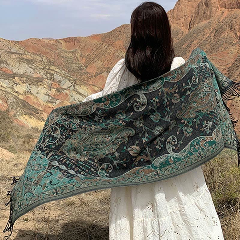 Soft Knit Vine Pattern Tasseled Meditation Shawl Wrap