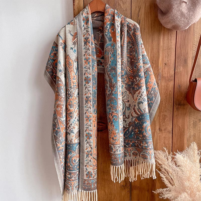 Soft Knit Vine Pattern Tasseled Meditation Shawl Wrap
