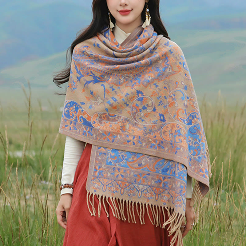 Soft Knit Vine Pattern Tasseled Meditation Shawl Wrap
