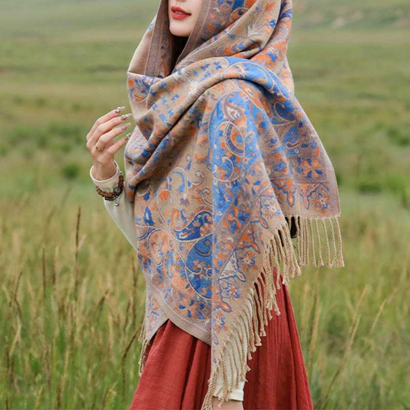 Soft Knit Vine Pattern Tasseled Meditation Shawl Wrap