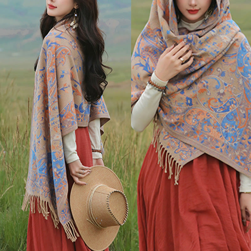 Soft Knit Vine Pattern Tasseled Meditation Shawl Wrap