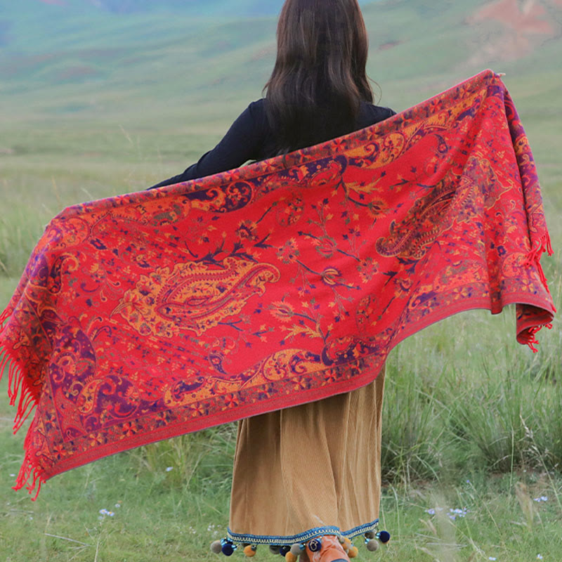Soft Knit Vine Pattern Tasseled Meditation Shawl Wrap