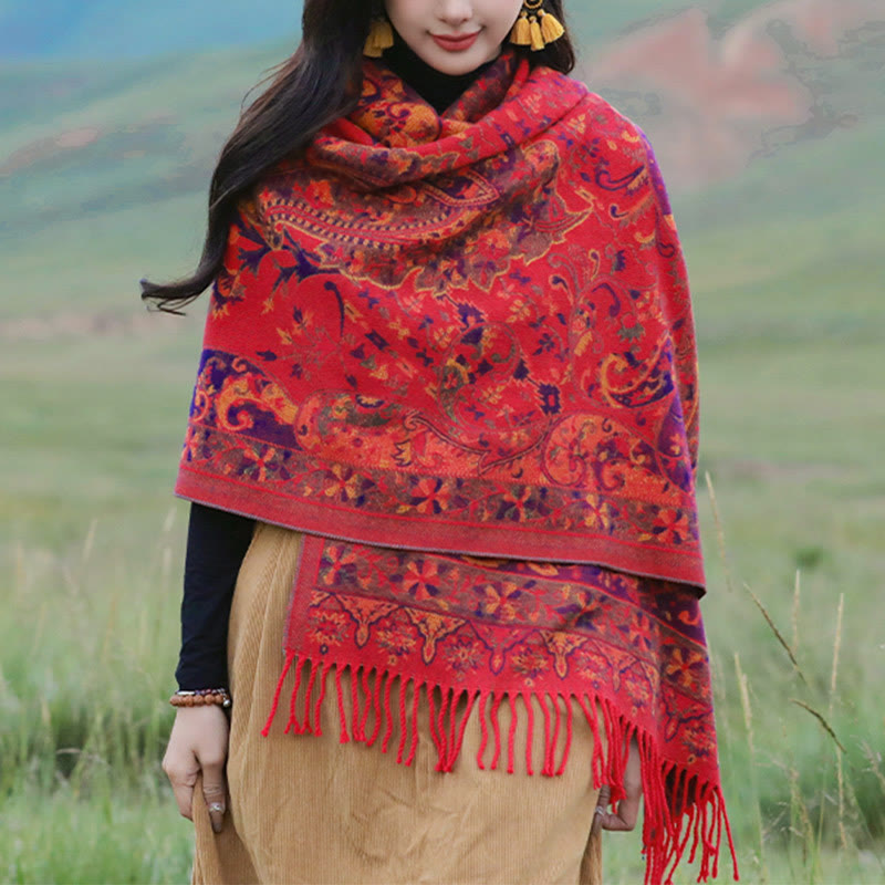 Soft Knit Vine Pattern Tasseled Meditation Shawl Wrap