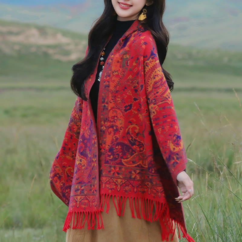 Soft Knit Vine Pattern Tasseled Meditation Shawl Wrap