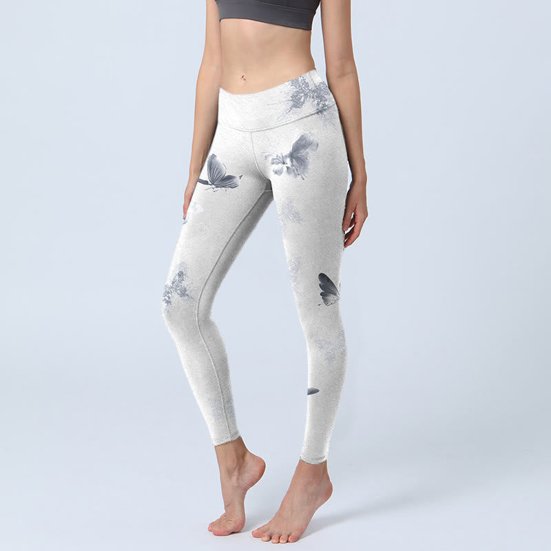 White Gray Butterfly Print Sports Leggings Women's Yoga Pants