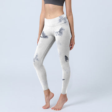 White Gray Butterfly Print Sports Leggings Women's Yoga Pants