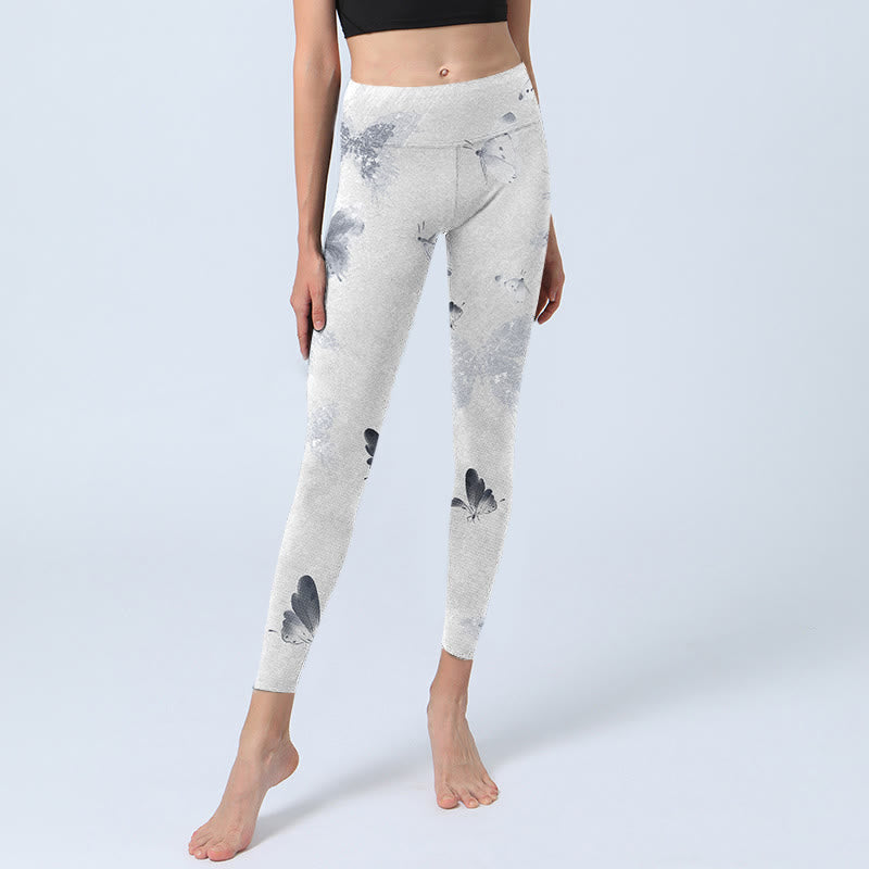 White Gray Butterfly Print Sports Leggings Women's Yoga Pants