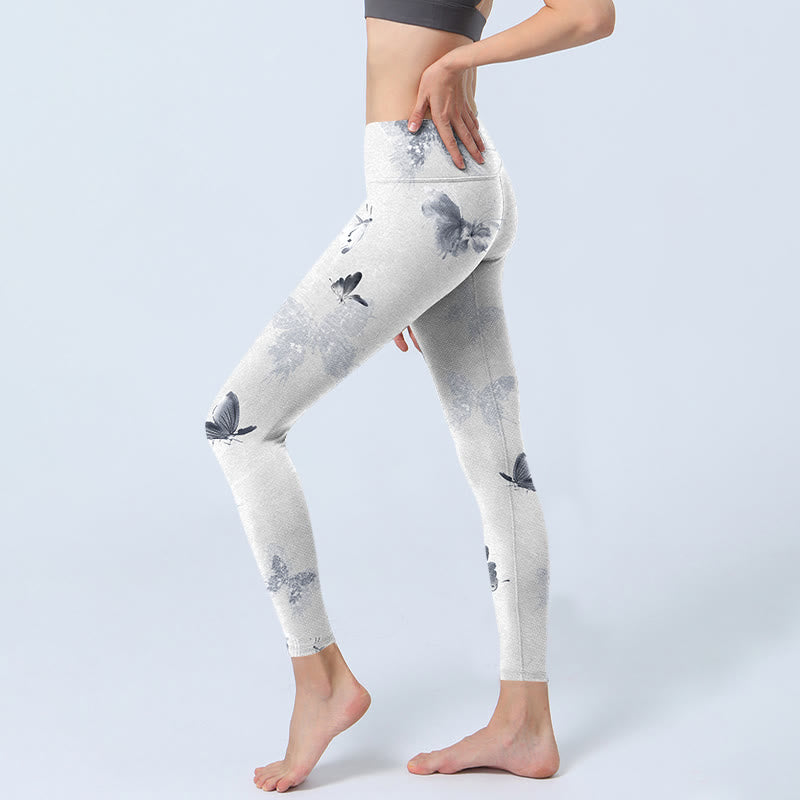 White Gray Butterfly Print Sports Leggings Women's Yoga Pants