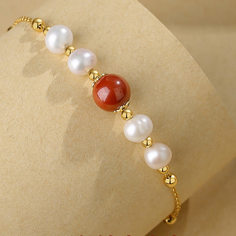 925 Sterling Silver Cinnabar and Pearl Bead Chain Adjustable Bracelet
