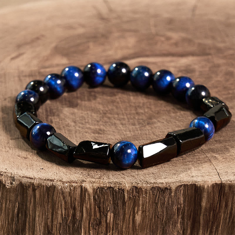 Natural Blue Tiger Eye and Black Tourmaline Handcrafted Stretch Bracelet