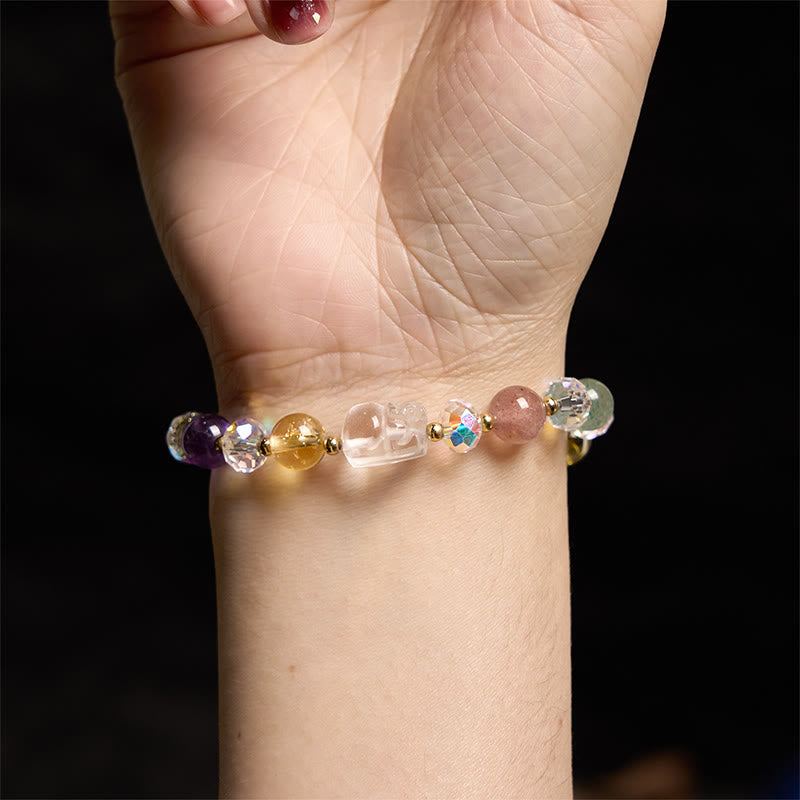 Multi-Crystal Pixiu Beaded Bracelet with Amethyst, Citrine and Strawberry Quartz