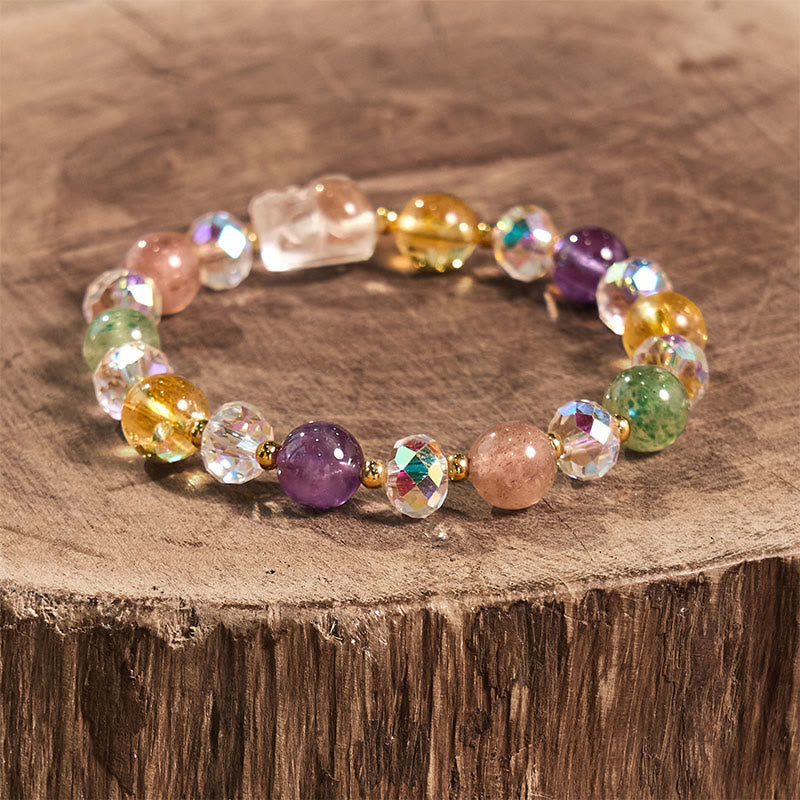 Multi-Crystal Pixiu Beaded Bracelet with Amethyst, Citrine and Strawberry Quartz