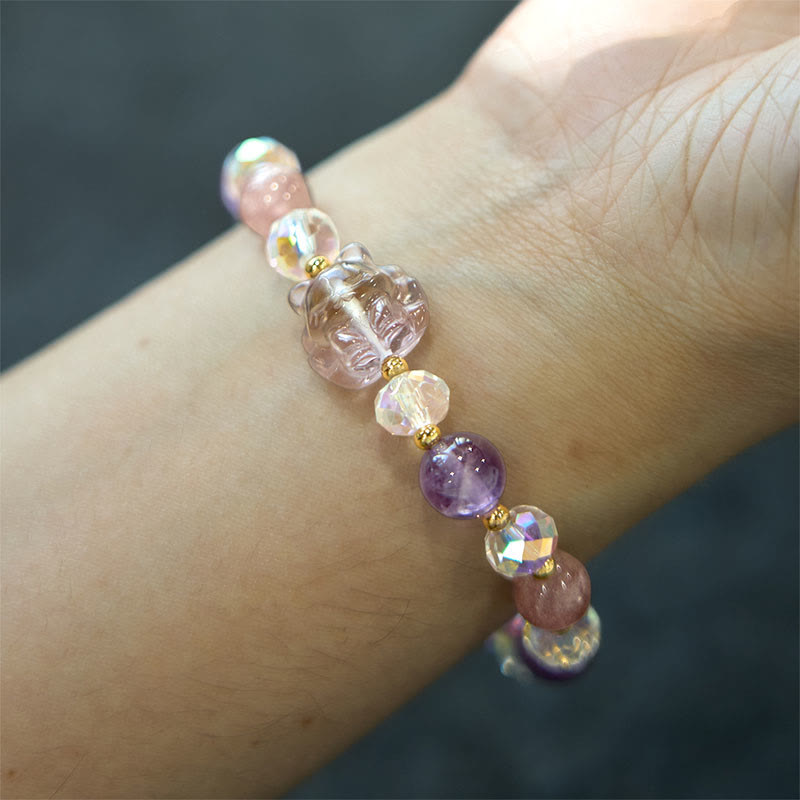 Amethyst Strawberry Quartz & Clear Quartz Nine-Tailed Fox Beaded Meditation Bracelet