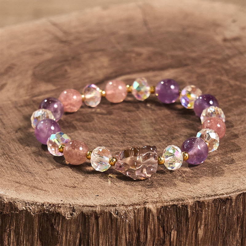 Amethyst Strawberry Quartz & Clear Quartz Nine-Tailed Fox Beaded Meditation Bracelet