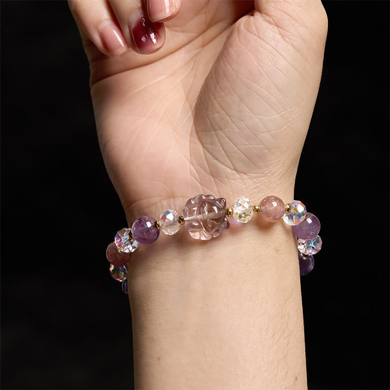 Amethyst Strawberry Quartz & Clear Quartz Nine-Tailed Fox Beaded Meditation Bracelet