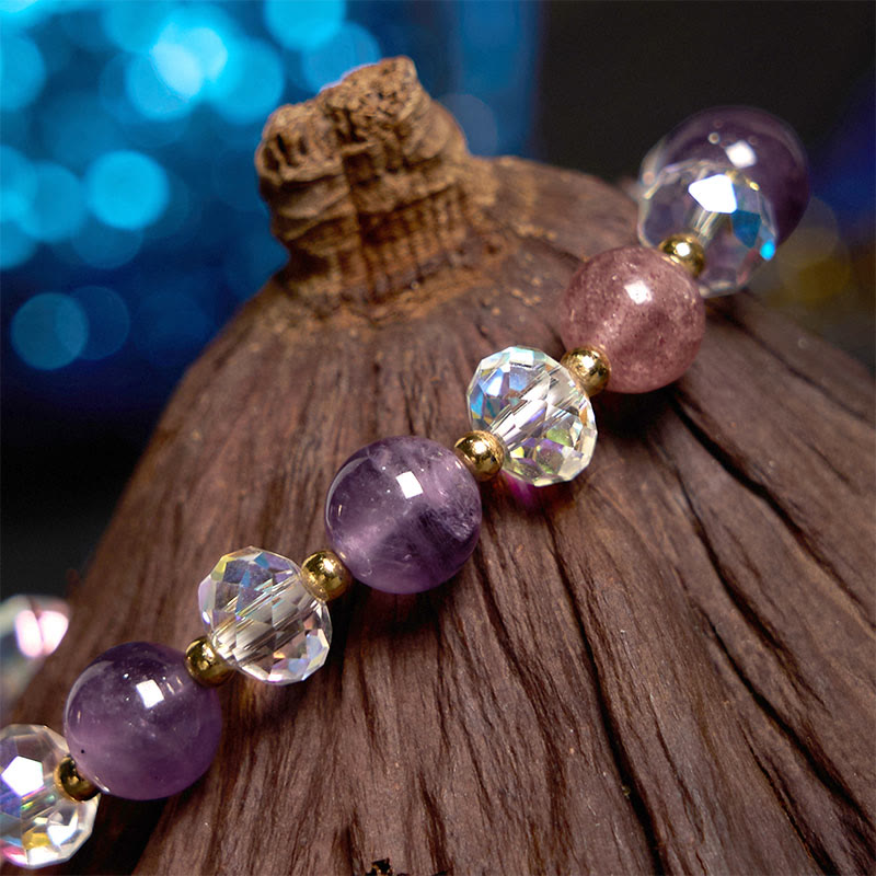Amethyst Strawberry Quartz & Clear Quartz Nine-Tailed Fox Beaded Meditation Bracelet