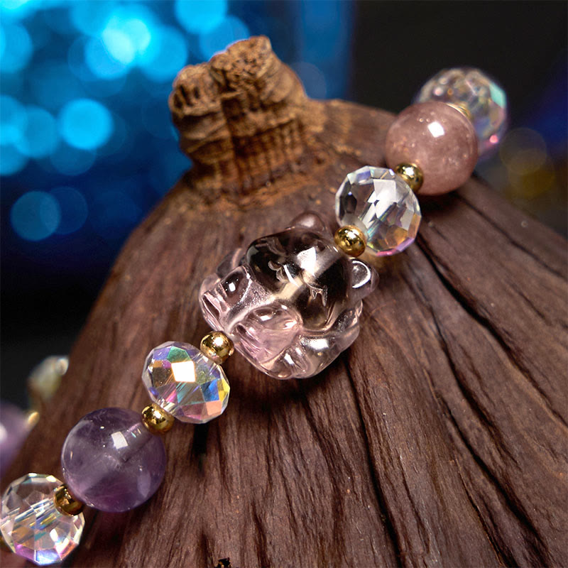 Amethyst Strawberry Quartz & Clear Quartz Nine-Tailed Fox Beaded Meditation Bracelet