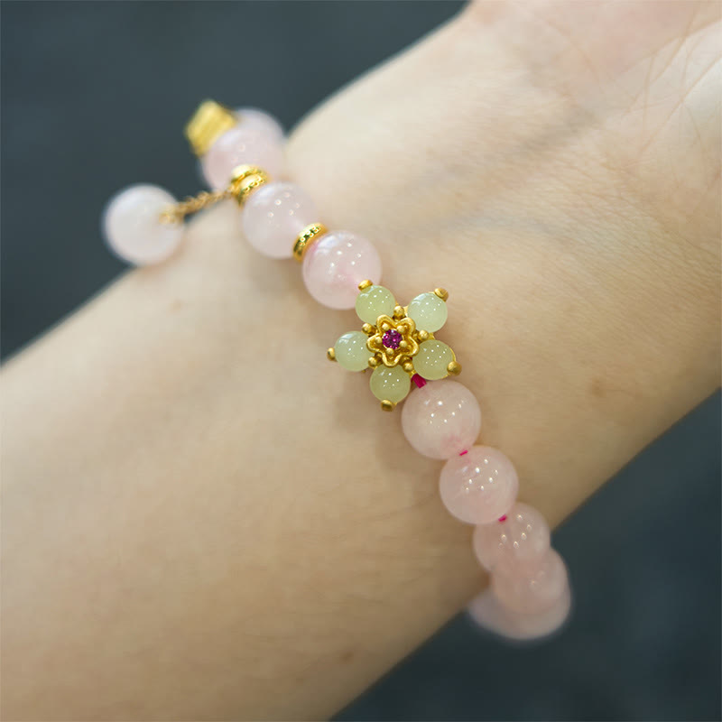 Handmade Floral Rose Quartz and Citrine Copper Bracelet for Women