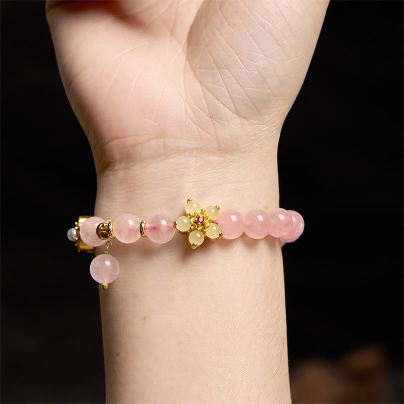 Handmade Floral Rose Quartz and Citrine Copper Bracelet for Women