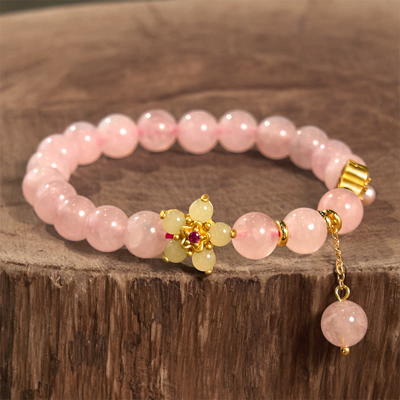 Handmade Floral Rose Quartz and Citrine Copper Bracelet for Women